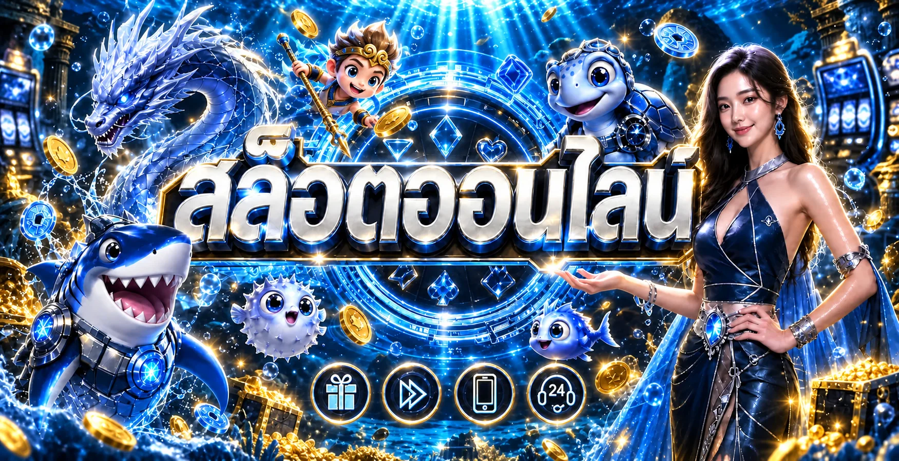 แบนเนอร์ สล็อตออนไลน์ ALLIN99HOT พร้อมตัวละครเกมโทนน้ำเงิน